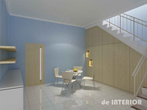 Interior ruang makan minimalis dengan lemari bawah tangga